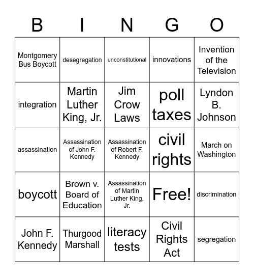 1950-1975 Bingo Card