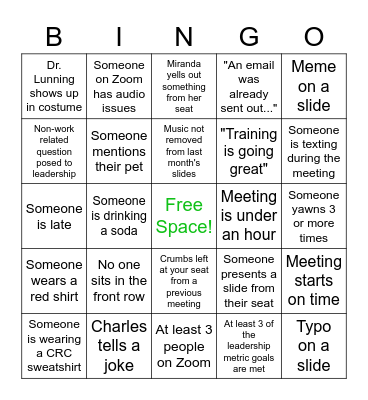 CRC Meeting Bingo Card