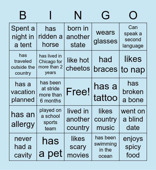 Team Building Bingo Card