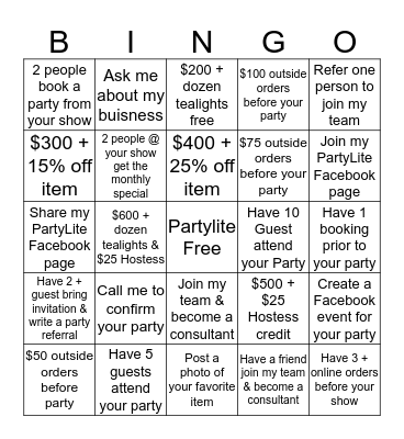 PARTYLITE HOSTESS  Bingo Card