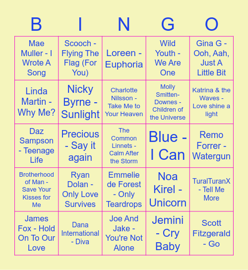 Eurovision Bingo Card