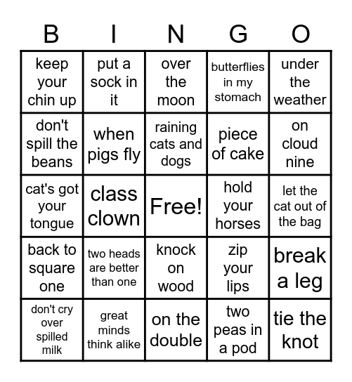 What Do The Idioms Mean Bingo Card