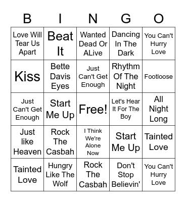 That's What I Call The 80s! Round 2 Bingo Card