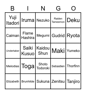 Anime Characters Bingo Card