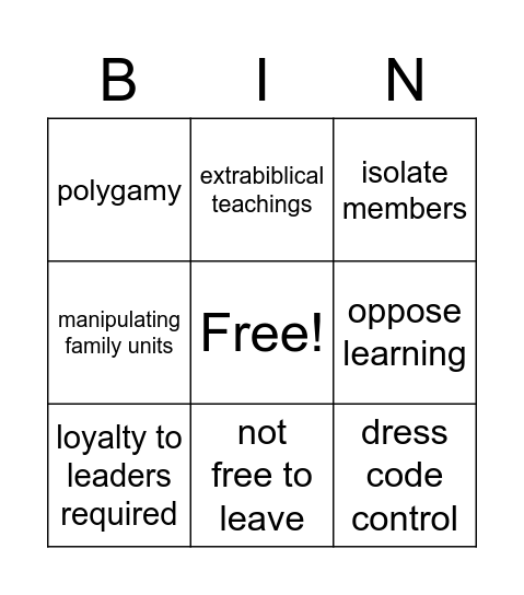 Cults! Bingo Card