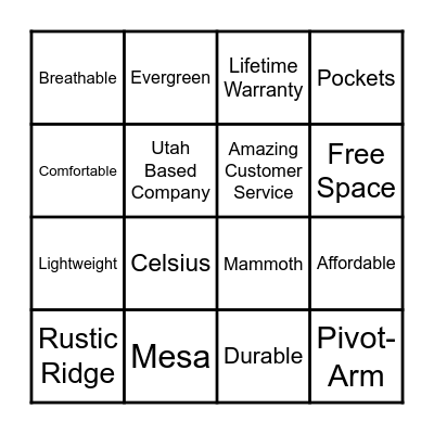 TETON SPORTS Bingo Card