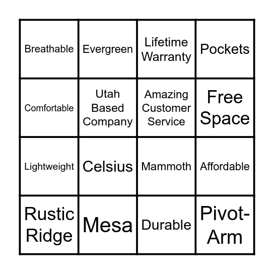 TETON SPORTS Bingo Card