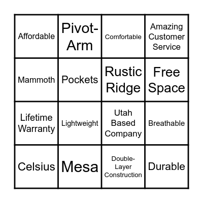 TETON SPORTS Bingo Card