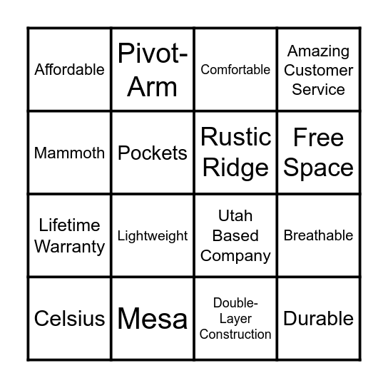 TETON SPORTS Bingo Card