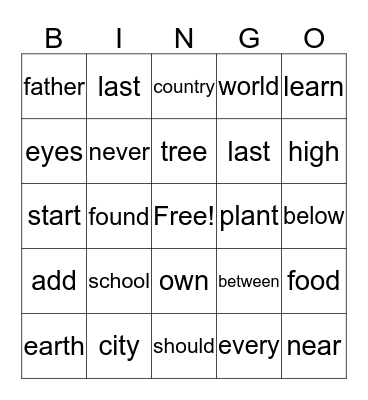 Spelling List 20-22 Bingo Card
