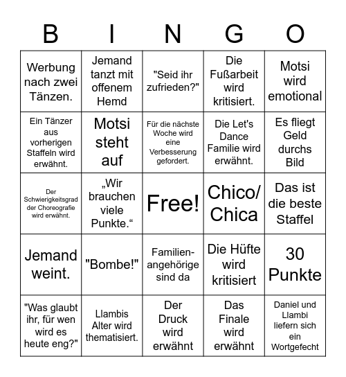 Let's Dance Mädelsabend Bingo Card