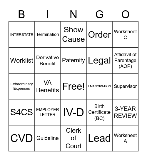 Child Support Bingo Card