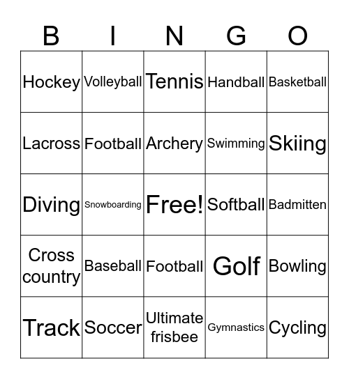 Sports Bingo Card