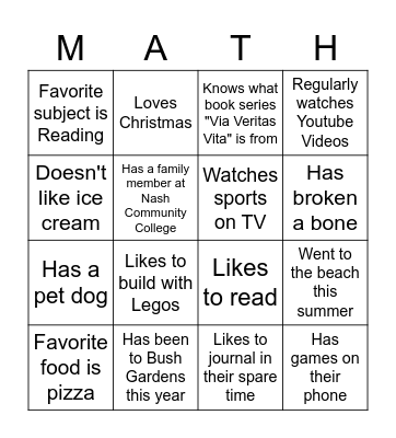 First Day of Class Bingo Card