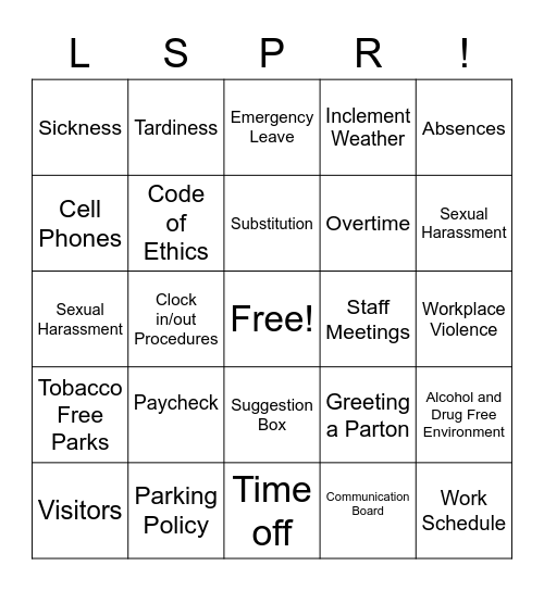 LSPR Manual Bingo Card