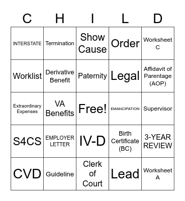 Child Support Bingo Card