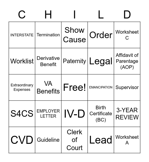 Child Support Bingo Card