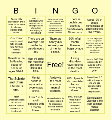 Mental Health Bingo Card