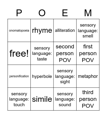 Poem Bingo: Literary Devices Bingo Card