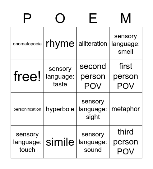 Poem Bingo: Literary Devices Bingo Card