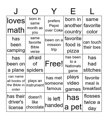 2016 Winter Retreat Icebreaker Bingo Card