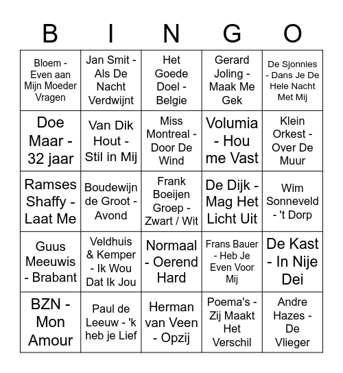 Nederlandstalige Muziek Bingo Card