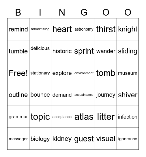 Vocabulary Bingo Card