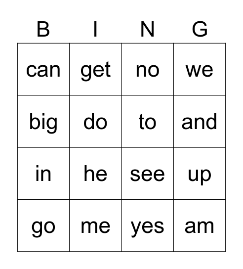 Power Word Bingo Card