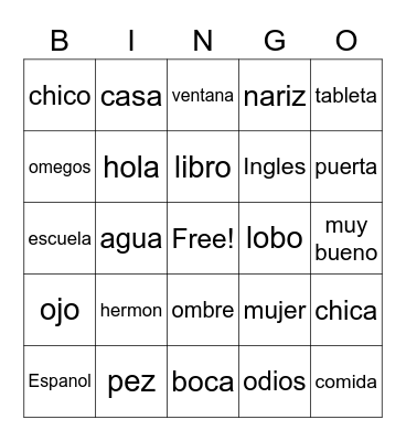 TAG Spanish Bingo! Bingo Card