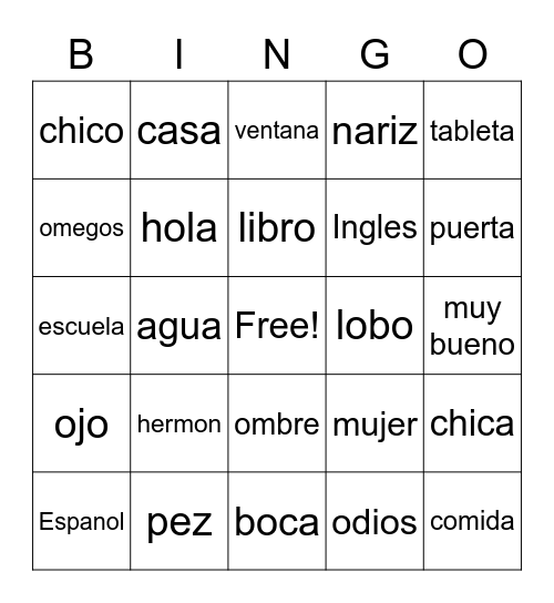 TAG Spanish Bingo! Bingo Card