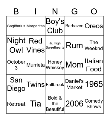 Sara's 50th Birthday Bingo Card