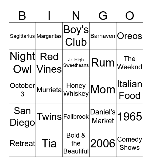 Sara's 50th Birthday Bingo Card