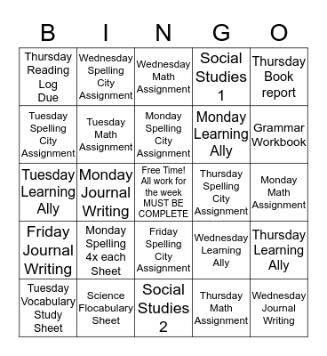 Weekly ork in Room 304 Bingo Card