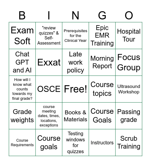 Intro To Clinical Year Syllabus Bingo Card