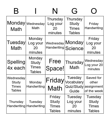 Weekly Homework for Ms. Rodriguez Bingo Card