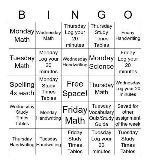 Weekly Homework for Ms. Rodriguez Bingo Card