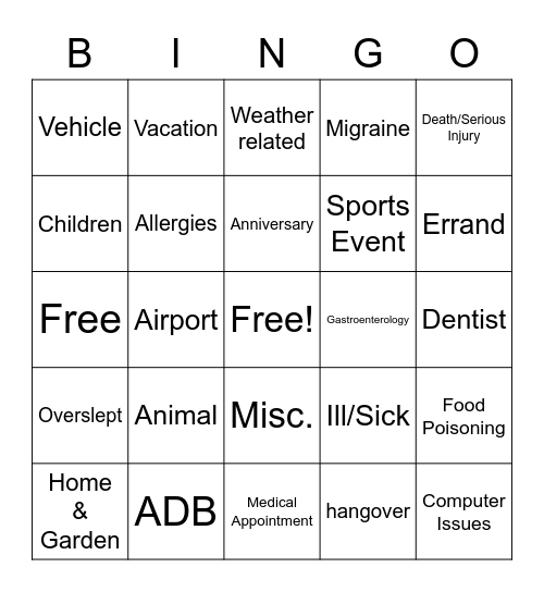 DBBB Bingo Card