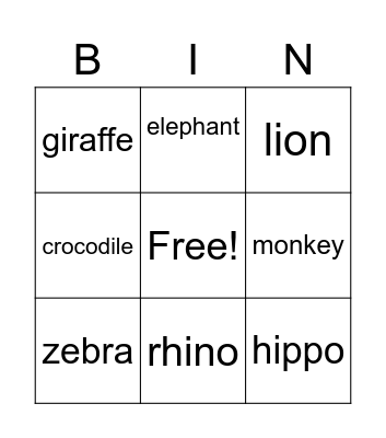 Jungle Animals Bingo Card