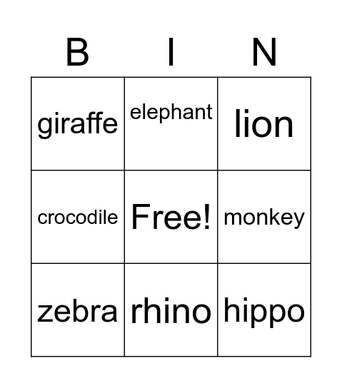 Jungle Animals Bingo Card