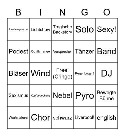 Eurovision 2023 german bingo Card