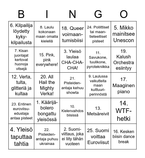 EUROVIISUBINGO 2023 Bingo Card