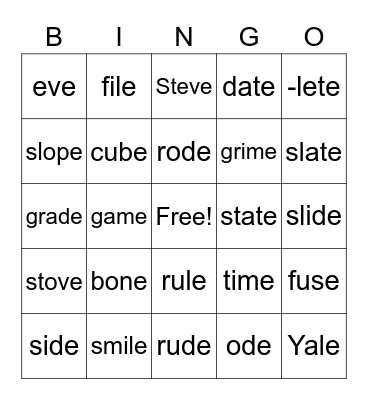 Vowel-Consonant-E Bingo Card