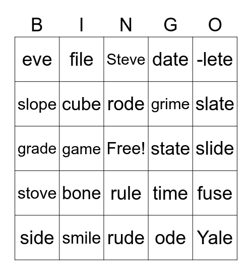 Vowel-Consonant-E Bingo Card