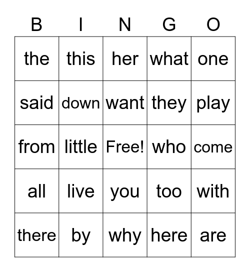 Sight Word Review #2 Bingo Card
