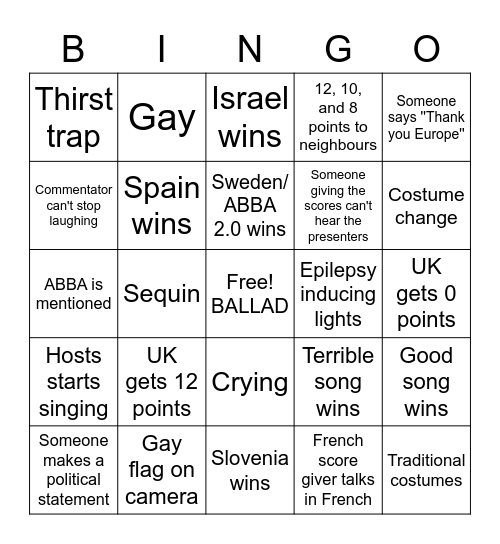 Eurovision Bingo Card