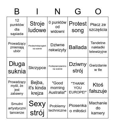 Eurowizyjne bingo 2023 Bingo Card