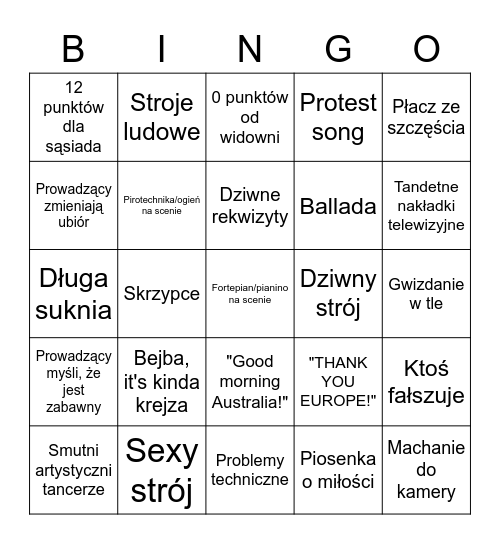 Eurowizyjne bingo 2023 Bingo Card