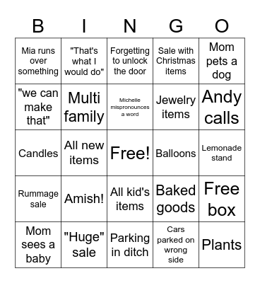 Chelle Yard sale Bingo Card
