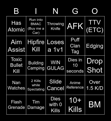 Warzone Bingo Card