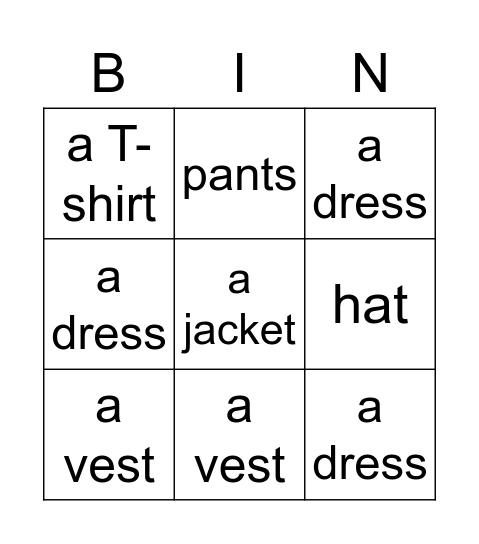 My Clothes Bingo Card